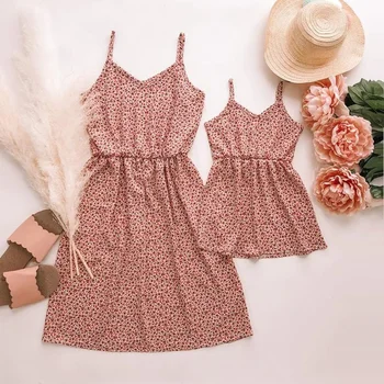 

Tank Mother Daughter Dresses Sakura Flower Matching Mommy and Me Clothes Family Look Sleeveless Mom Mum Mama & Baby Dress Cheap