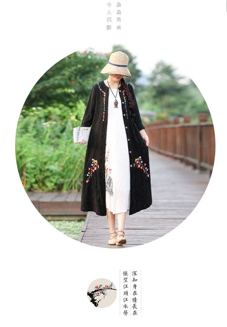 Autumn Clothing New Style Jacquard Embroidered Cotton Linen Retro Cardigan Elegant Large Size Mid-length Women's