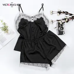 Повседневная однобортная черная Пижама с изображением ключа Виктории из 2 предметов, шелковые майки и шорты, кружевные пижамы с ресницами