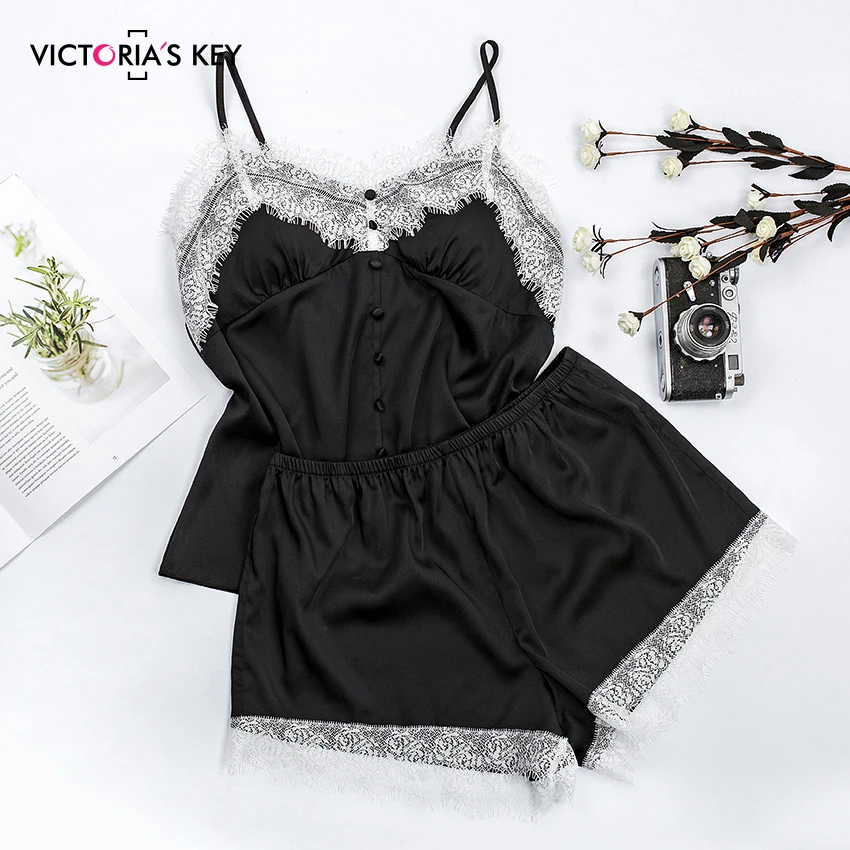 

VICTORIA'S KEY Casual Single Breasted 2 Piece Black Pajamas Set Silk Camis And Shorts Eyelash Lace Pajamas For Women Sleepwear