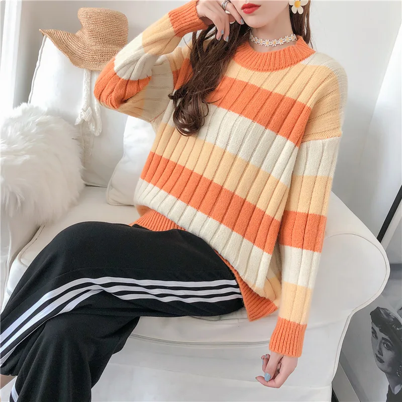 H. SA pull femme nouveaute Разноцветные полосатые джемперы с расклешенными рукавами, розовая Женская зимняя одежда - Цвет: HF19230 Orange