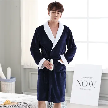 

Full Sleeve Negligee Male Winter Warm Kimono Bathrobe Gown Nightwear V-neck Home Dressing Gown Solid Colour Intimate Lingerie