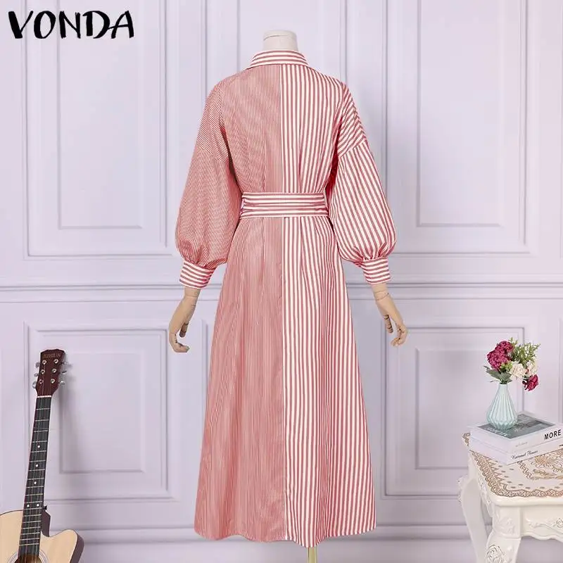 Striped Shirt Dress 2021 VONDA Women Vintage 3/4 Sleeve Lapel Neck Belted Dress Holiday Party Striped Long Vestidos Oversized Striped Shirt Dress 2021 VONDA Women Vintage 3/4 Sleeve Lapel Neck Belted Dress Holiday Party Striped Long Vestidos Oversized