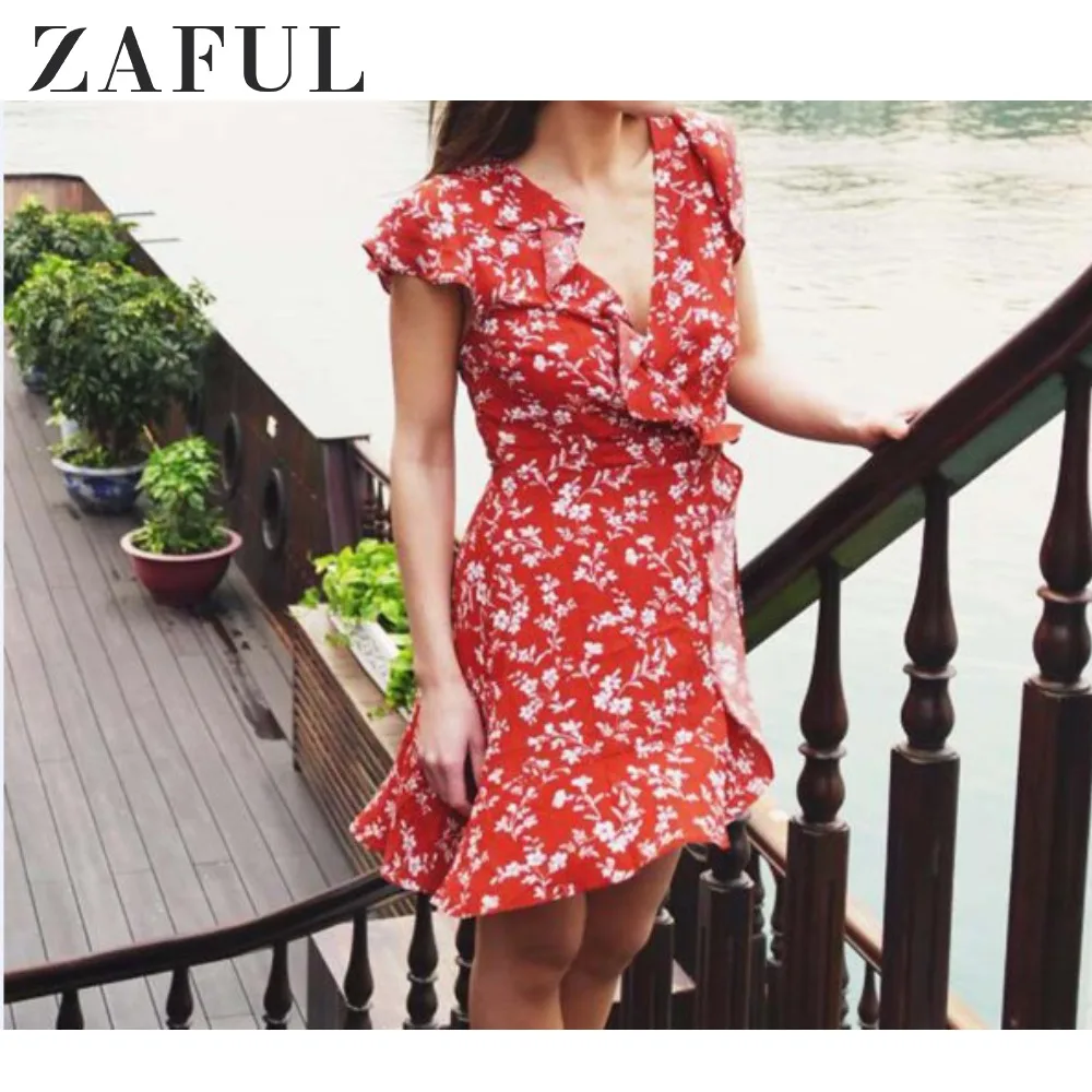 ZAFUL Платье с оборками цветочным принтом Женщины Boho Летнее платье V образным