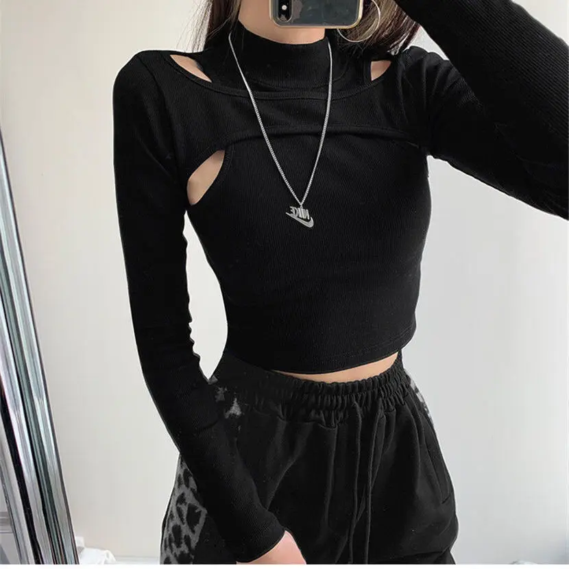 Hollow Knitted Crop Tops Women New Fitness Fake Two-piece T-shirt Female Black White Long Sleeve Tops vintage tees