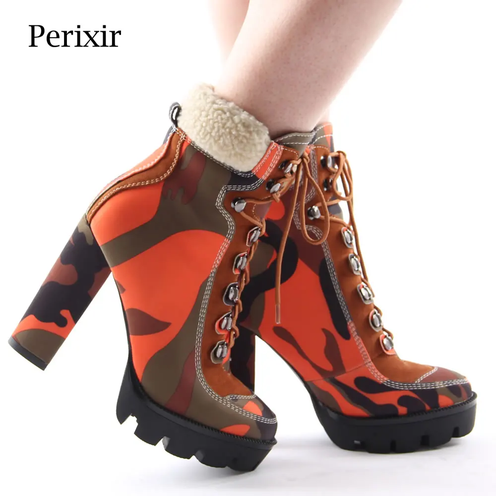 

Perixir Fashion Camouflage Ankle Boots 2020 Winter Chunky Heel Platform Bootie High Heels Shoes Woman Lace Up Night Club Boots
