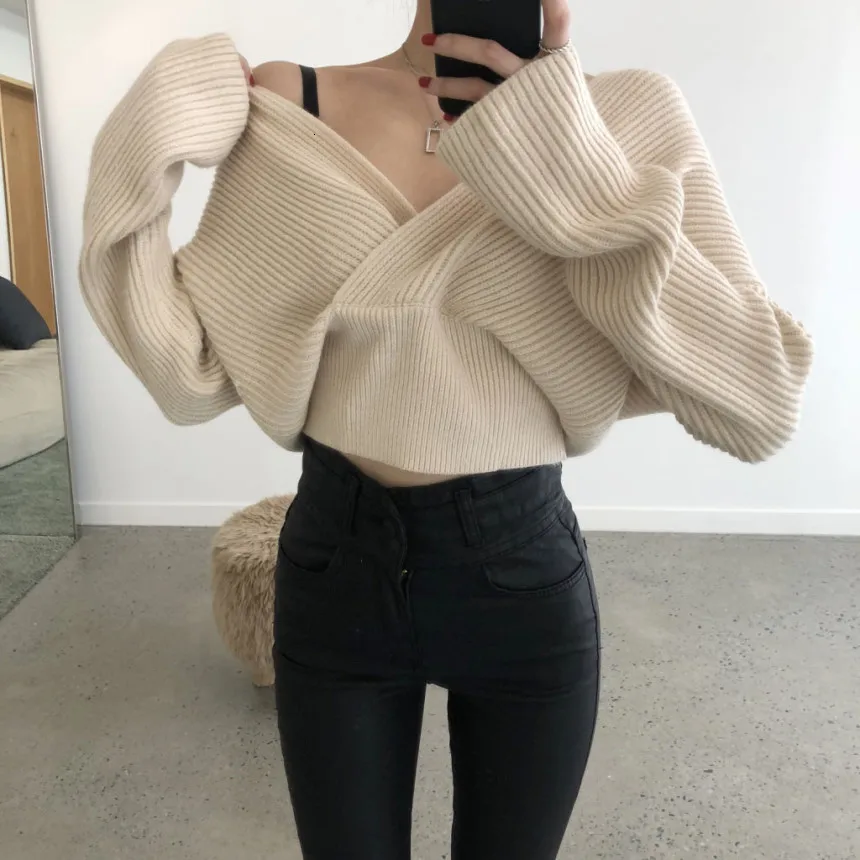 SuperAen Korean Style Women Pullovers Sweaters Autumn and Winter New Ladies Sweaters V Neck Solid Color Casual Tops Female