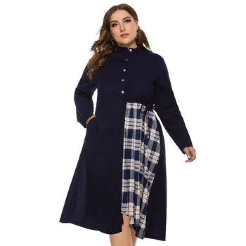 

2020 Plus Size Women Dress Spring and Autumn O-neck Long Sleeve Irregular Plaid Stitching High Waist Loose Casual Dress TA697