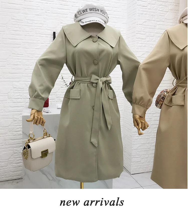 Женское длинное пальто с кукольным воротником, осень, новое корейское модное свободное однобортное пальто со шнуровкой, пальто для женщин
