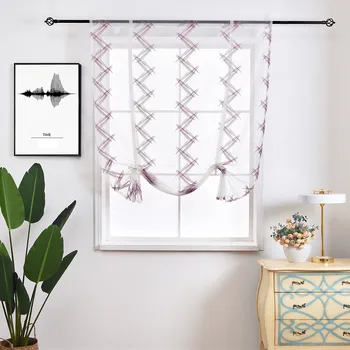 

Kitchen Short Curtains Wave Pattern Roman Blinds Purple Embroidered Sheer Panel Tulle Window Treatment Door Curtain 1PC