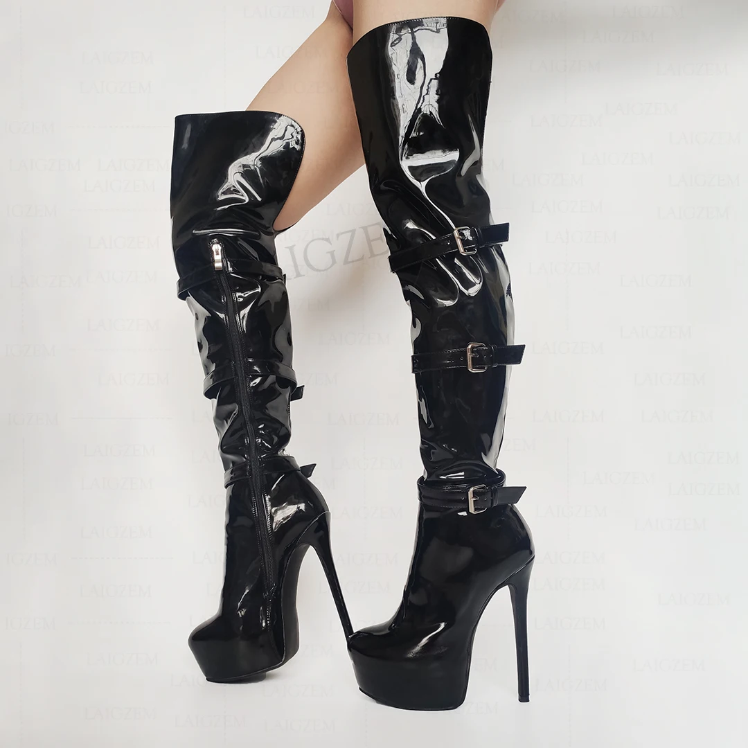 

BERZIMER Over Knee Boots For Women Platform Shiny Thin High Heels Tall Boots Handmade Buckles Shoes Woman Big Size 42 46 48 52