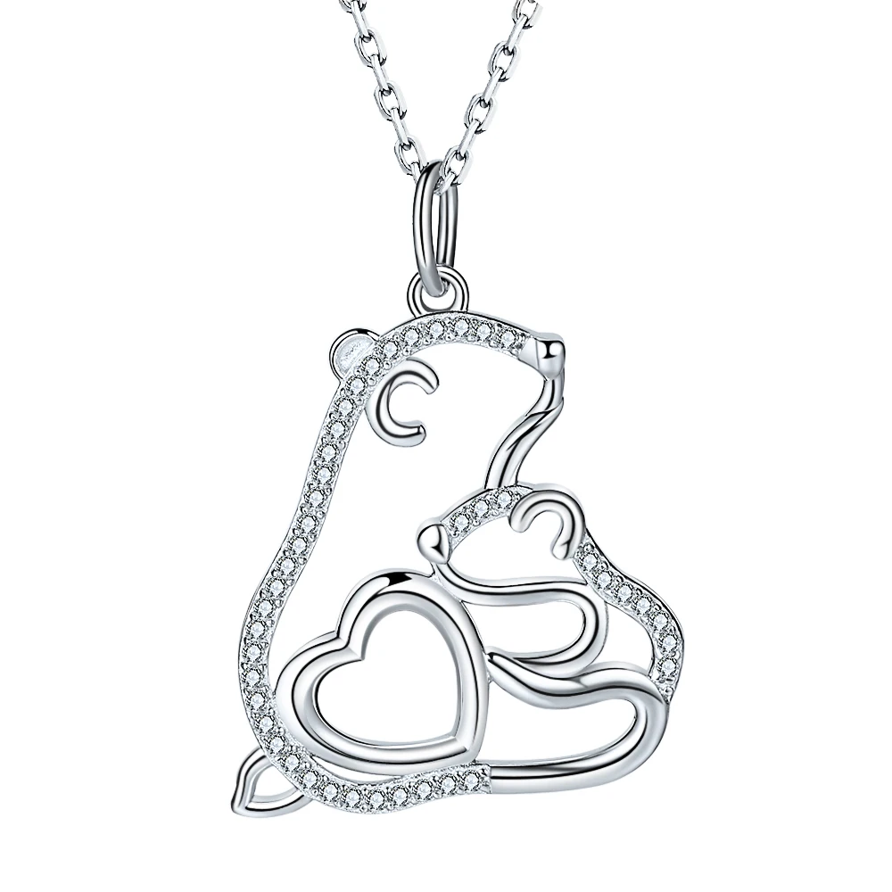 

StrollGirl 925 Sterling Silver Mom and Son bear pendant chain Clear Zircon cute Animal necklace for Women mother's Jewelry Gifts