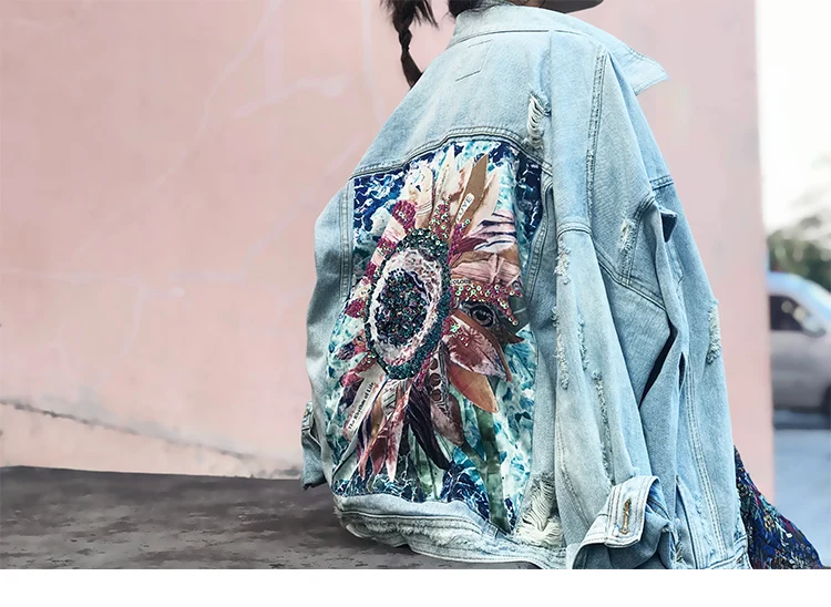 Boho Denim Jacket Sequin Floral Applique Embroidery JKP4716
