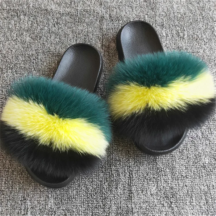

New Real Fox Fur New Colorful Slippers Women Fur Home Fluffy Sliders Plush Furry Summer Flats Cut Ladies Shoes Large Hot Selling