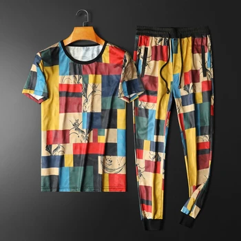 

High Quality Plaid Suit Ment Jogger Pant+short Sleeve Tshirt Set Ice Silk Sharp Print Home Cozy Sweat Pant Men Set 5xl Hombre
