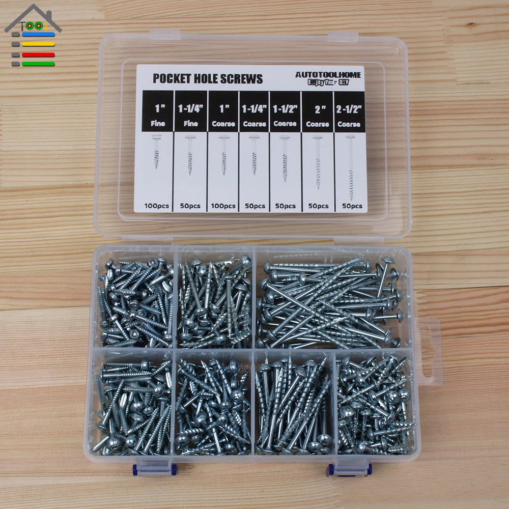 450pc Pockethole Screw Kit 7 Sizes Fine Coarse Thread Wood Screws 1/4" 1/2" 11/4" 11/2" 2" 2