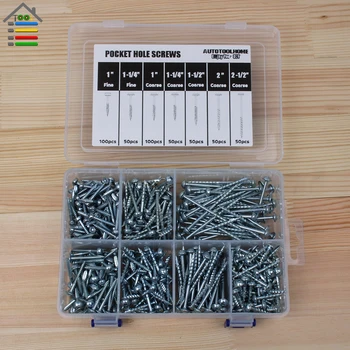 

450pc Pocket-Hole Screw Kit 7 Sizes Fine Coarse Thread Wood Screws 1/4" 1/2" 1-1/4" 1-1/2" 2" 2-1/2" Woodworking Pocket Hole Jig