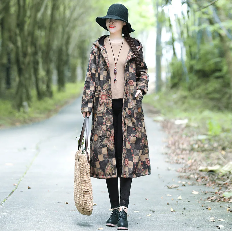 

2019 Winter New Style Ethnic-Style Large Size Dress Retro Loose Woolen Cloth Printed Hooded WOMEN'S Dust Coat