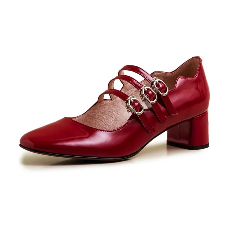 PXELENA/; сезон весна; обувь Mary Jane в студенческом стиле; обувь в стиле Лолиты с квадратным носком на массивном каблуке средней высоты; обувь из натуральной кожи; женские туфли-лодочки для свиданий - Цвет: Wine Red