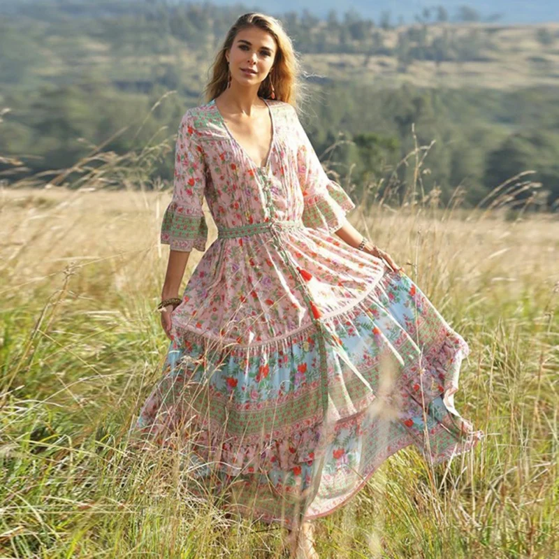 Летнее длинное женское платье с цветочным принтом Boho пляжное платье туника Макси платье женское вечернее платье Сарафан Vestidos
