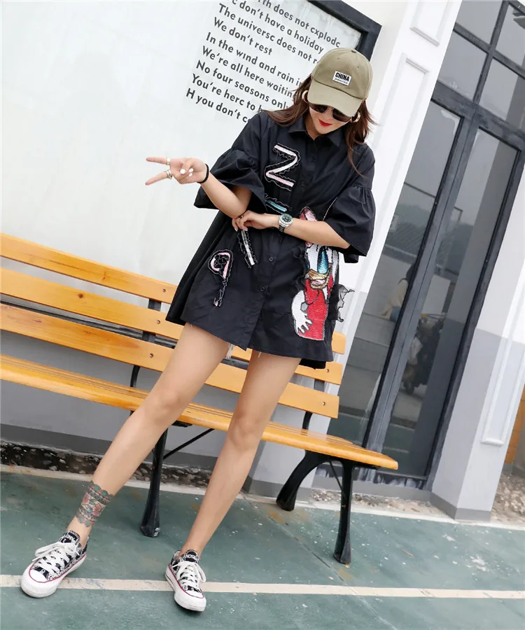 Marca nueva industria pesada lentejuelas donald duck mangas acampanadas camisa suelta camisa mujer verano