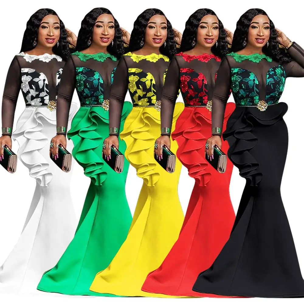 

Sexy Sheer Mesh Patchwork Evening Party Dress African Ladies Bodycon Ruffles Peplum Long Dress Maxi Club Dinner Mermaid Vestidos