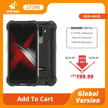 Перейти на Алиэкспресс и купить DOOGEE S58 Pro Мобильный Телефон IP68/IP69K водонепроницаемый прочный телефон 5180 мАч 5,71 дюймFHD + дисплей 6 ГБ + 64 ГБ Android 10 NFC Смартфон