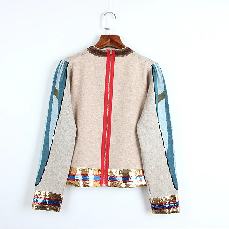Комбинированный свитер с вышивкой животных и пайетками; сезон осень-зима; Женский трикотажный пуловер на молнии сзади с длинными рукавами; винтажные Джемперы года