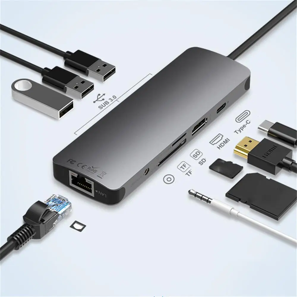 Usb type C Hub 9 в 1 USB C к HDMI с Ethernet type C SD TF Аудио 3 usb порта предлагает полный спектр различных портов - Цвет: Черный