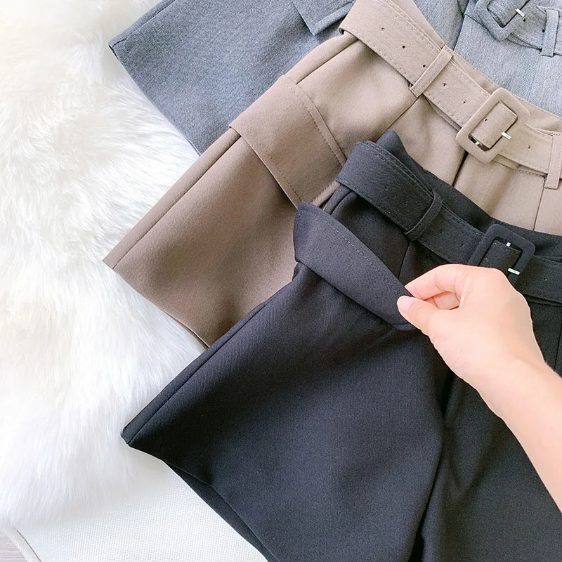 Wasteheart Autumn New Black Khaki Gray Polyester Shorts Women High Waist Camel Short Bottom Zipper Sashes England Style Formal