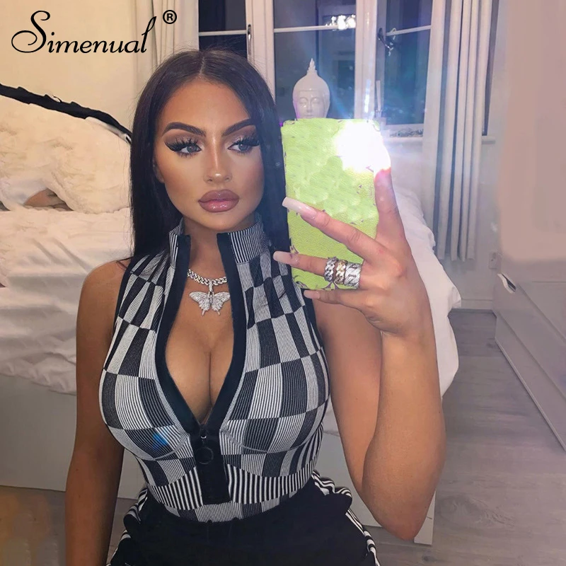 

Simenual Casual Sporty Workout Women Bodysuits Sleeveless Fashion Zipper Active Wear Skinny Bodycon Athleisure Bodysuit Summer