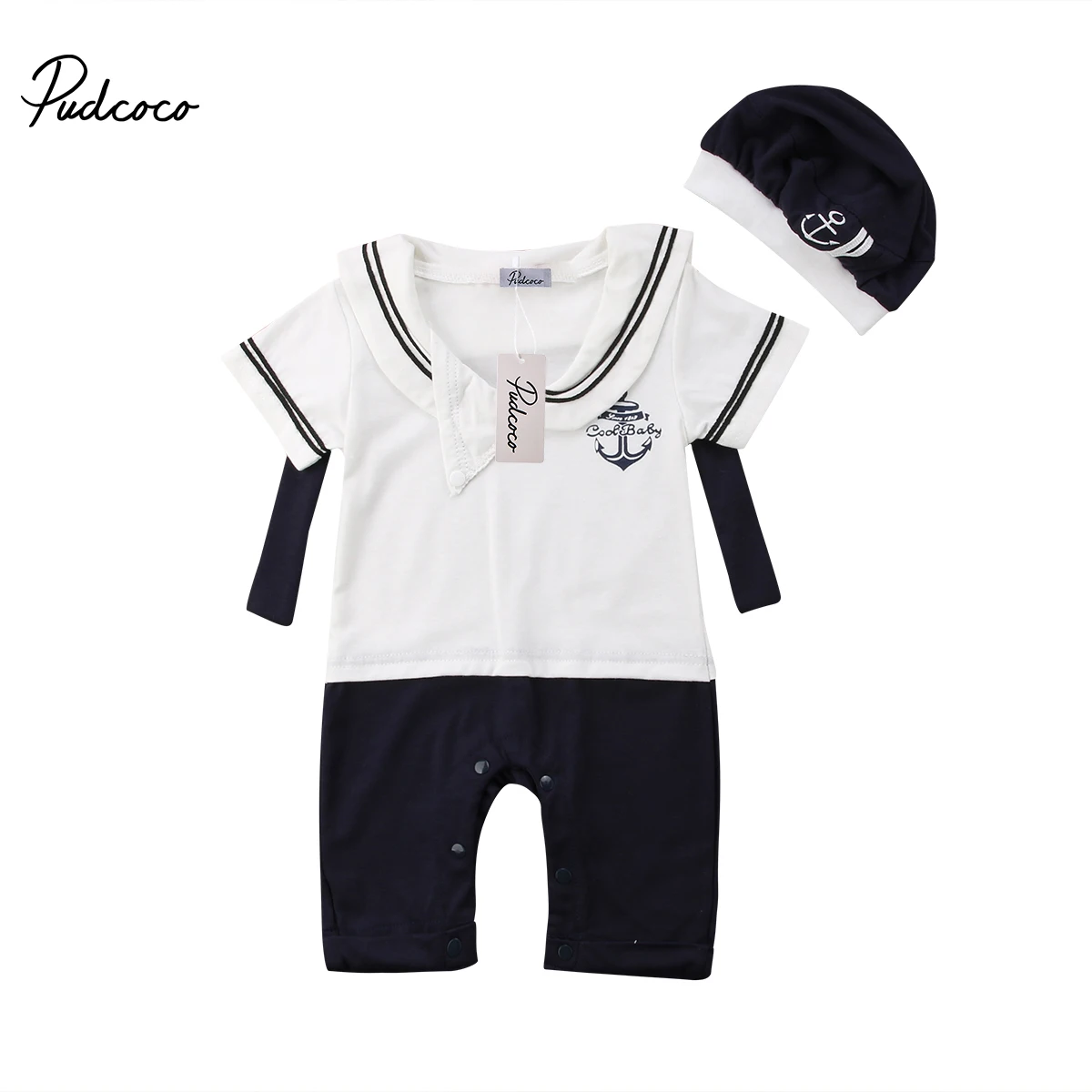 

pudcoco Summer Newborn Baby Boys Girls Clothes Cotton White Navy Style Short sleeve Infant Jumpsuit Toddler Outfits Set