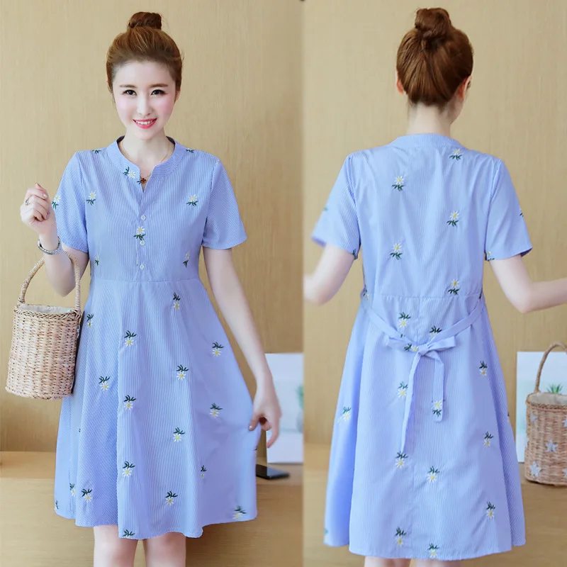 

2019 Summer New Style Maternity Clothes Stripes Embroidery Mid-length Large Size Dress Pregnant Women Dress