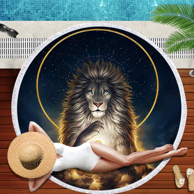 

Round Beach Towel New Style Lion Beach Towel Ultrafine Fiber Belt Tassels Printed Logo
