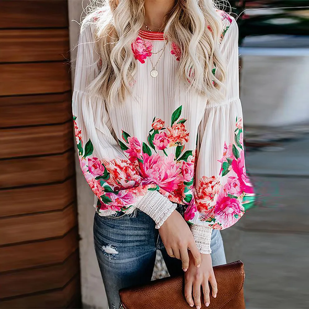 

2020 Autumn Floral Print Round Neck Chiffon Shirt Women Casual Big Red Flower Loose Large Size Long-sleeved Chiffon Top Clothes