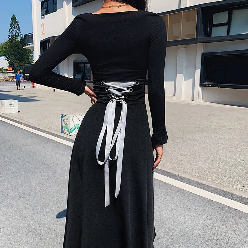 

Long Dress Long Sleeve Square Collar Waist Bandage Bow Lace Up Midi Dress Elegant Street Brief Bodycon Dresses Woman Party Night