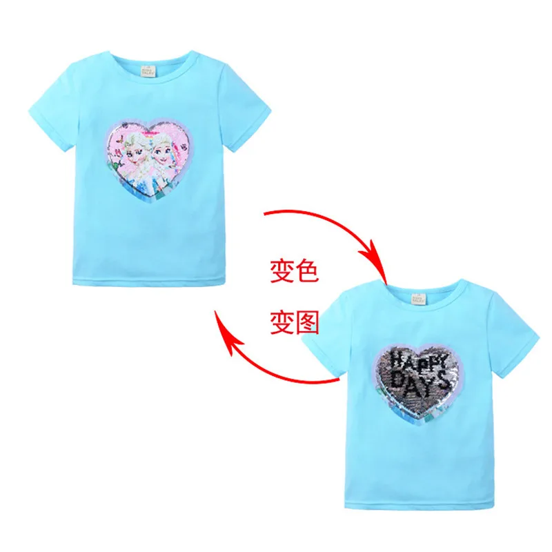Летняя футболка для маленьких девочек с изображением Эльзы и Анны; одежда с короткими рукавами; милые детские топы принцессы с блестками; Детские повседневные футболки - Цвет: Blue two