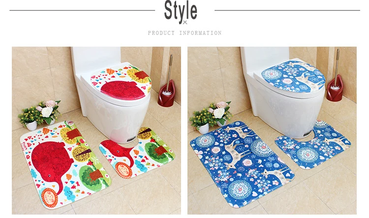 Flannel Toilet Three-Piece Floor Mat Nordic Printing PVC Latex Net Bottom Bathroom Non-Slip Mat Cartoon Cartoon style
