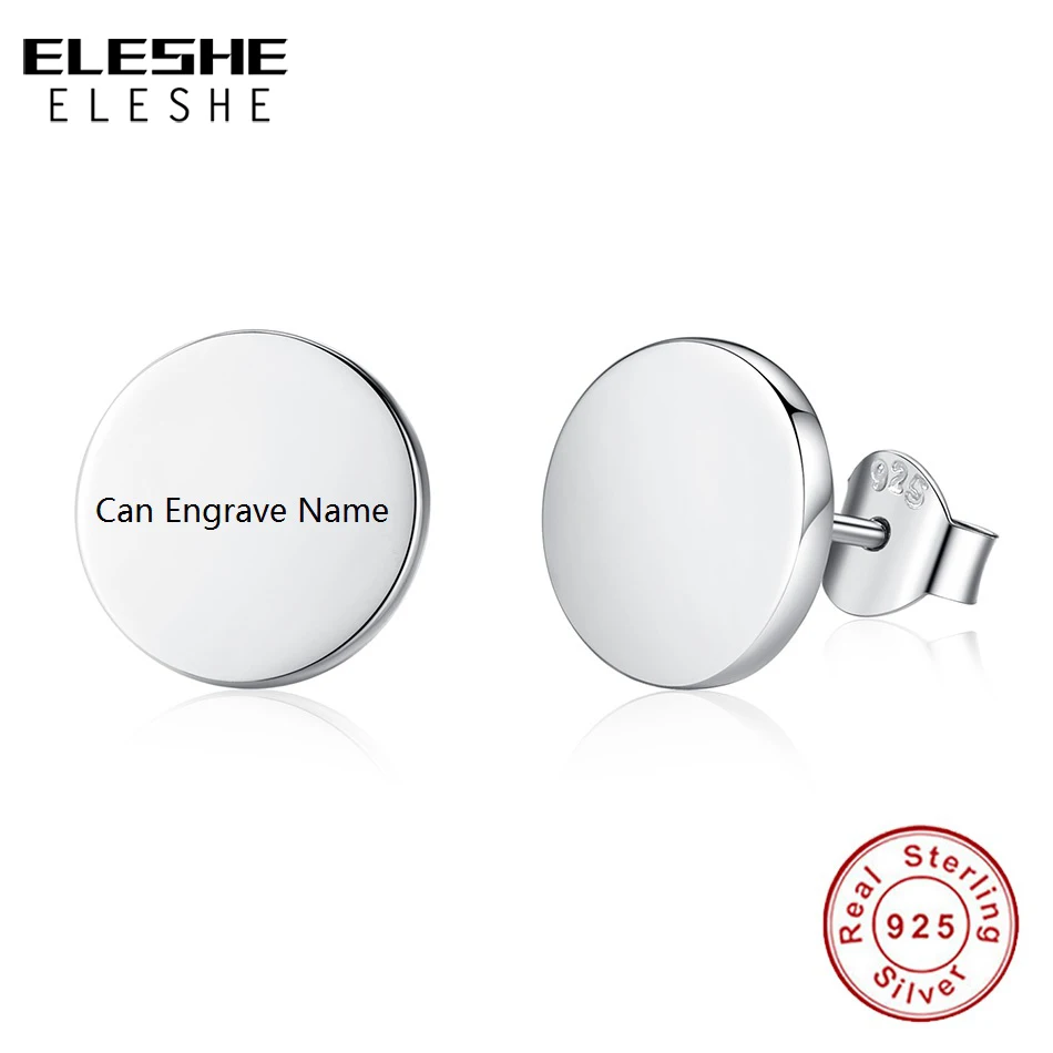 ELESHE, персонализированные ювелирные изделия, гравировка имени, серьги-гвоздики, Круглые, Заказные, 925 пробы, серебряные серьги, женские, мужские серьги