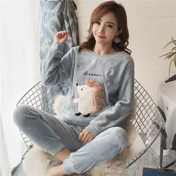

Autumn Winter Women Pyjamas Sets Pajamas Sleepwear Suit Thick Warm Coral Flannel Nightgown Female Cartoon Animal Pijama