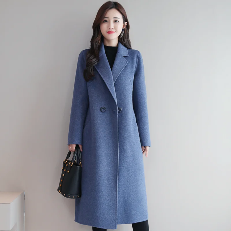 Women Woolen Coat Autumn Winter New Double-breasted Long Sleeve Loose Coats Turn-Down Collar Outwear Plus Size S~3XL