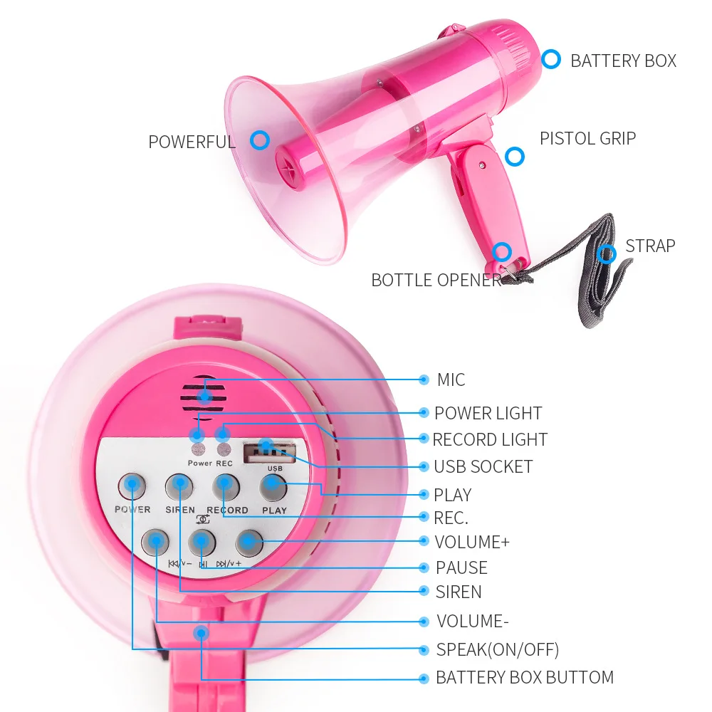 240S 녹음 USB 포트 휴대용 메가폰 Bullhorn 20 와트 전원 메가폰 스피커 내장 사이렌 및 알람 모드