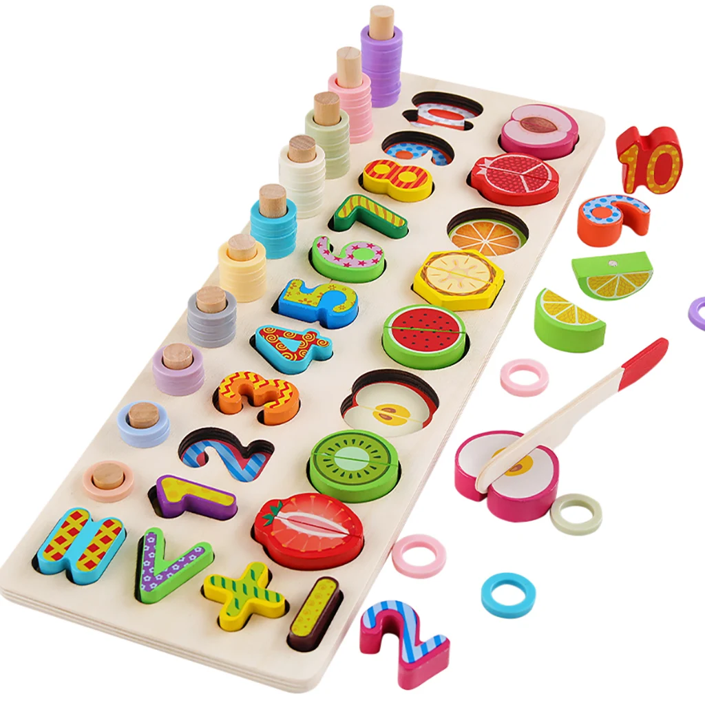 3-в-1 детская числа, счёт Монтессори игрушки для резки фруктов Обучающие деревянные игрушки математической арифметики доска комплекты для детей в подарок - Цвет: As Shown