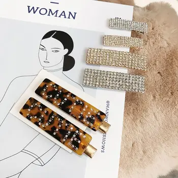 

Women Korean Style Metal Alloy Hairgrip Geometric Rectangle Shape Vintage Duckbill Hair Clip Glitter Rhinestone Letters