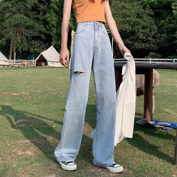 

High Waisted Loose For Women Jeans 2020 Korean Style Jeans Wide Leg With Pockets Pants Cut Out Denim