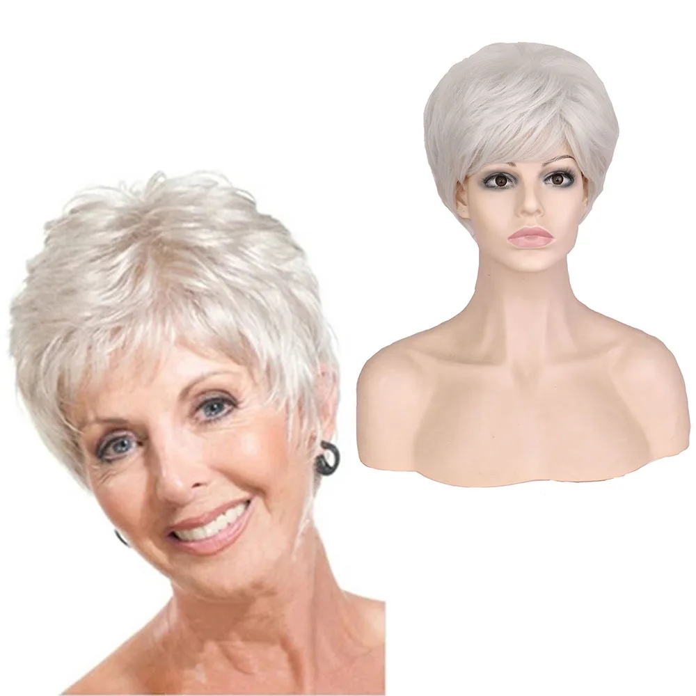 Mejor Compra WHIMSICAL W HAIR-Peluca de mujer de mediana edad, color plateado, blanco, degradado, corto sintético, pelo rizado en capas, flequillo hinchado 33mj6AnAwa6