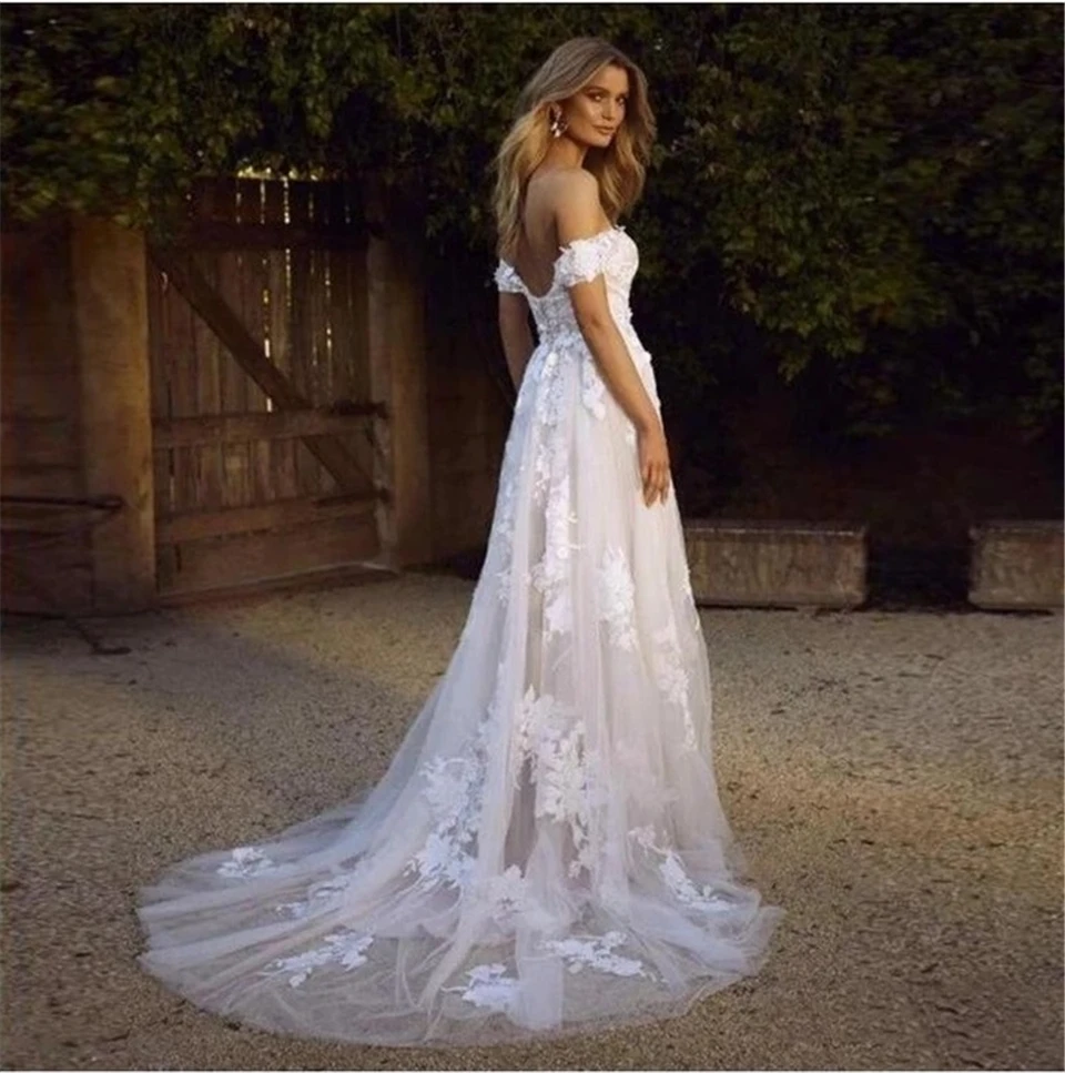 

Simple A-Line Off The Shoulder Beach Wedding Dresses For Bride Vintage Applique Bridal Gowns With Train