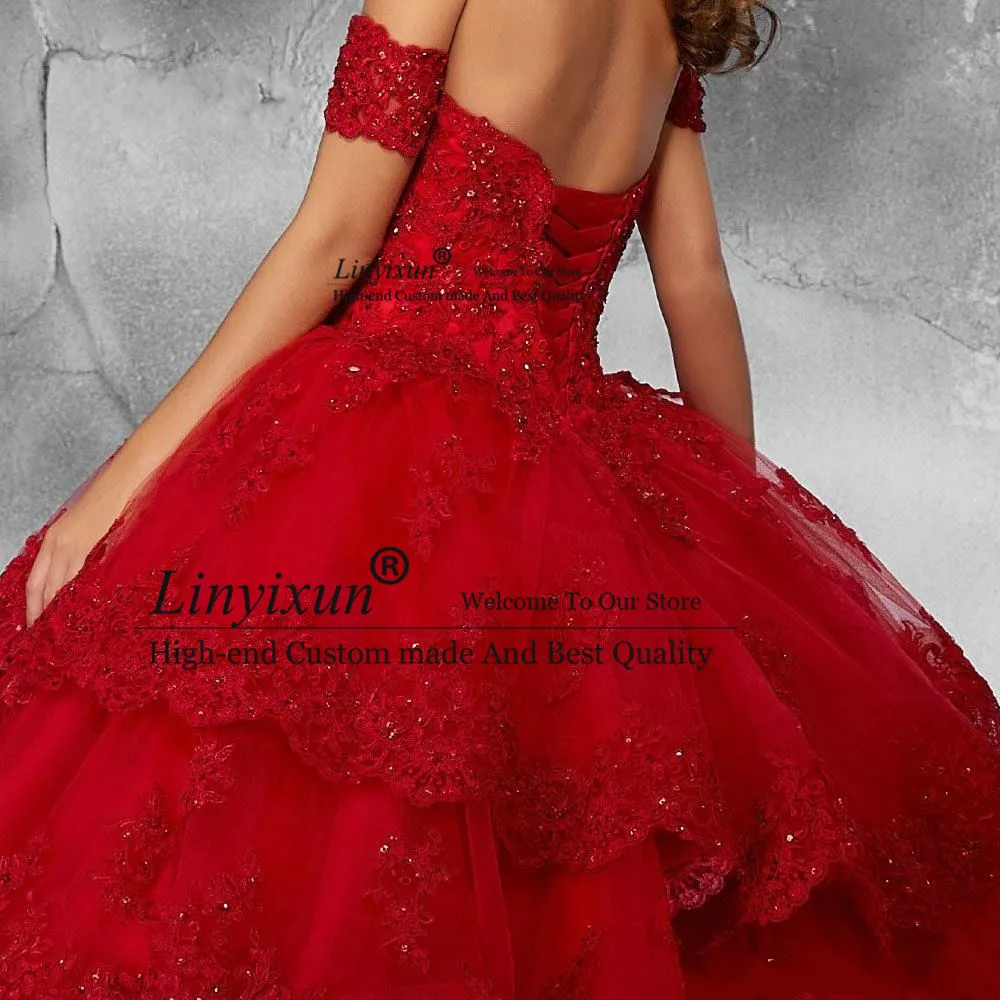 Light Sky Blue Modest Lace Ball Gown Quinceanera Dresses Sequins Applique Tulle Off the shoulder Formal Party Sweet 16 Dress