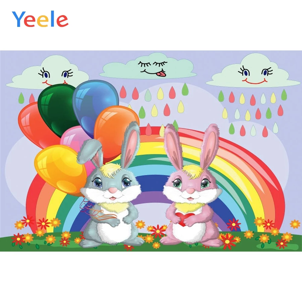 

Spring Easter Rabbit Flower Rainbow Cloud Baby Shower Backdrop Photography Background For Photo Studio Photozone Photophone