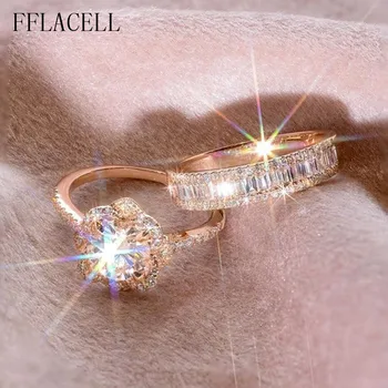 

FFLACELL Fashion Luxury Rose Gold Flower Encrusted Zircon Ring Women Party Engagement Wedding Jewelry Gift